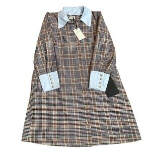 Tuckernuck XL Plaid Shirt Dress Blue Collar & Cuffs Long Sleeve Gold Button